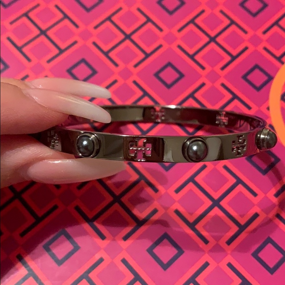 Tory Burch Perforated Logo & Cabochon Pearl Cuff